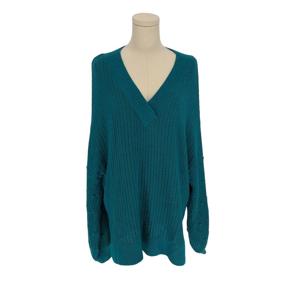 Falls Creek Teal V Neck Knit Sweater XL Cotton Acrylic w/ Balloon Sleeves